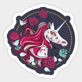 Day Of The Dead Sugar Skull Unicorn With Roses Sticker